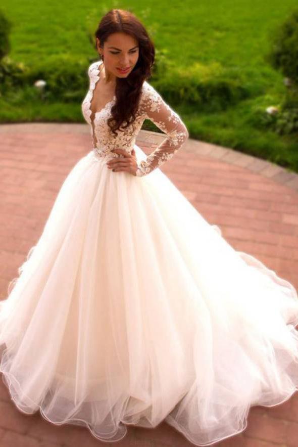 ball gown long sleeve sheer round tulle wedding dress with appliqued dtw299