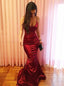 Sleek Mermaid Red Long Prom Dresses, Spaghetti Straps Evening Party Dresses