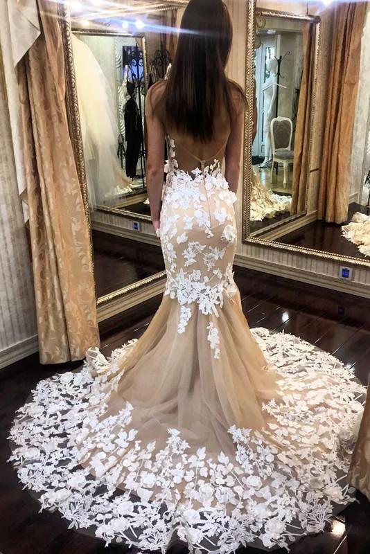 Sexy See Through Tulle Mermaid Wedding Dresses, Backless Brial Gown With Appliques