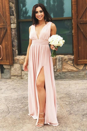 simple wedding guest dress a-line v-neck long chiffon bridesmaid dress dtb05