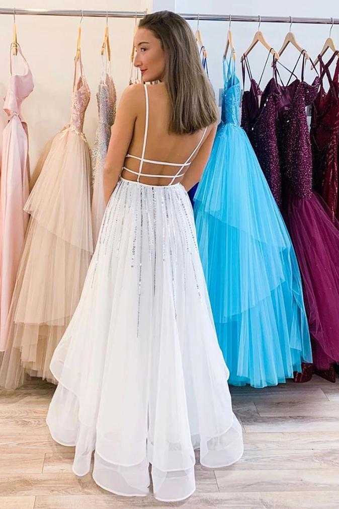 A-line V Neck Tulle Sequins Long Prom Dress, Backless Evening Dress