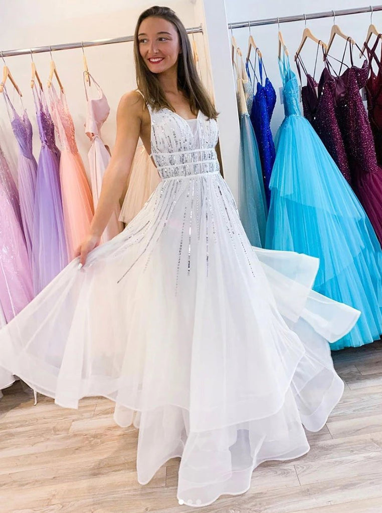 A-line V Neck Tulle Sequins Long Prom Dress, Backless Evening Dress