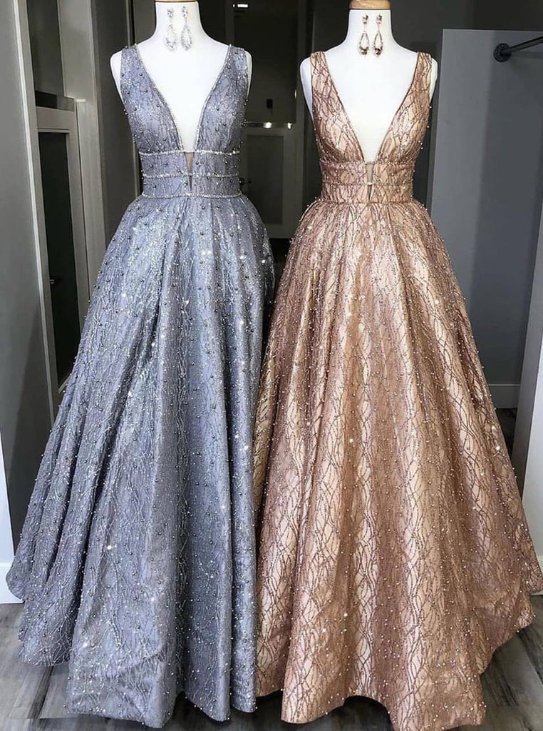 A-line V-neck Long Sparkle Prom Dresses, Sequins Beading Party Dress