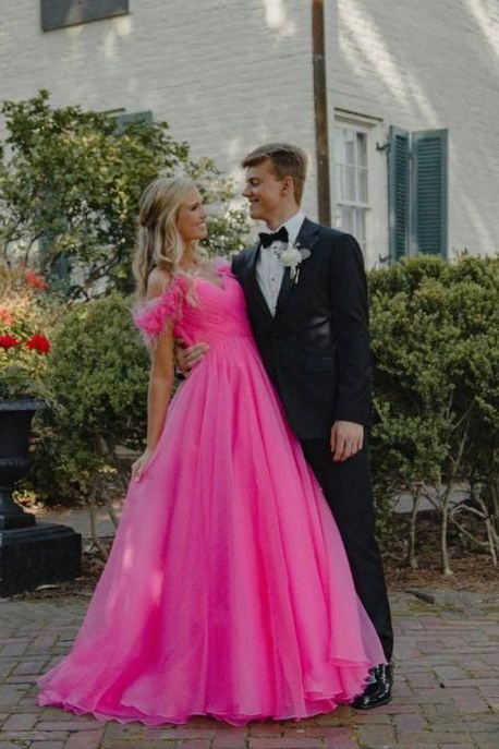 A-line Hot Pink Tulle Prom Dresses Long Off-Shoulder Formal Evening Dress