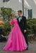 A-line Hot Pink Tulle Prom Dresses Long Off-Shoulder Formal Evening Dress