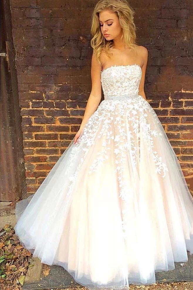 strapless appliques long prom wedding dress with beading waist dtw254
