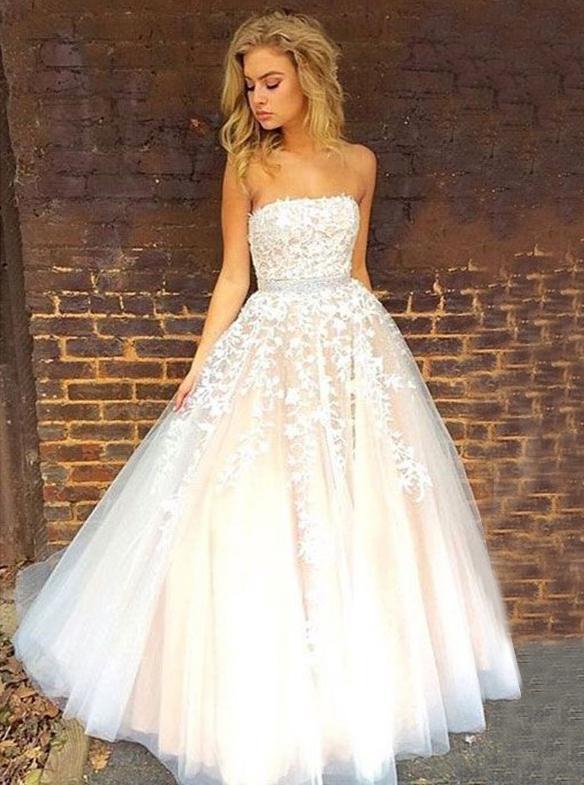 Strapless Appliques Long Prom Wedding Dress with Beading Waist
