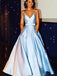 Satin A-line Light Sky Blue Long Prom Dresses with Beaded Pockets