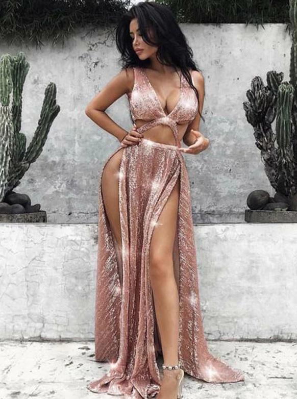 Rose Gold Sequins Long Prom Dresses, Sexy Evening Dresses With Split