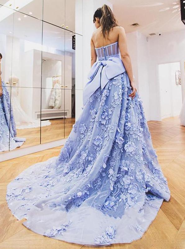Sweetheart Lace Appliques Prom Dresses Evening Gowns With Bowknot