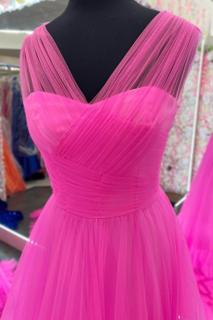 Pink A Line Sleeveless V Neck Tulle Prom Dress With Layers