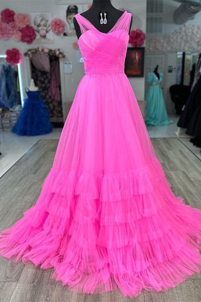 Pink A Line Sleeveless V Neck Tulle Prom Dress With Layers
