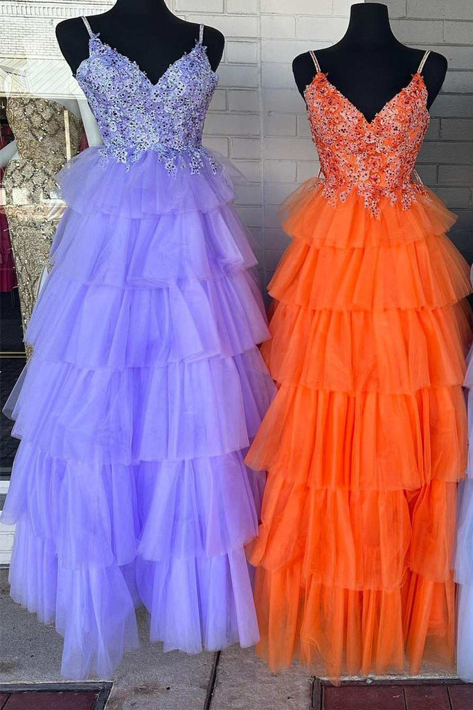Lace Spaghetti-straps Multi-Tiered V-Neck Sleeveless Long Prom Evening Dresses