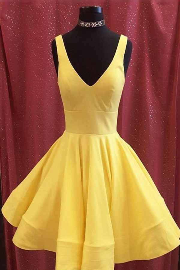 Yellow A-Line V-Neck Knee-Length Satin Homecoming Dress, Simple Short Prom Dress