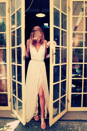 A Line Ivory V Neck Lace Sleeveless Vintage Prom Dress With Side Slit