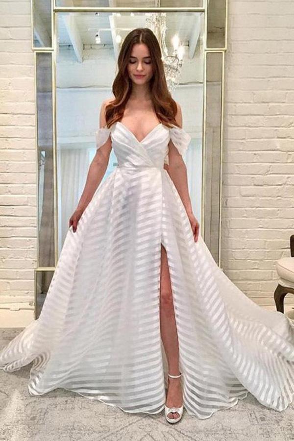 a-line off-the-shoulder sleeveless striped wedding dress with split dtw34