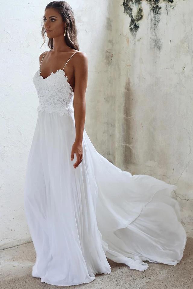 Fashion Lace Tulle Spaghetti Strap Backless Beach Wedding Dresses, AB1 –  AlineBridal