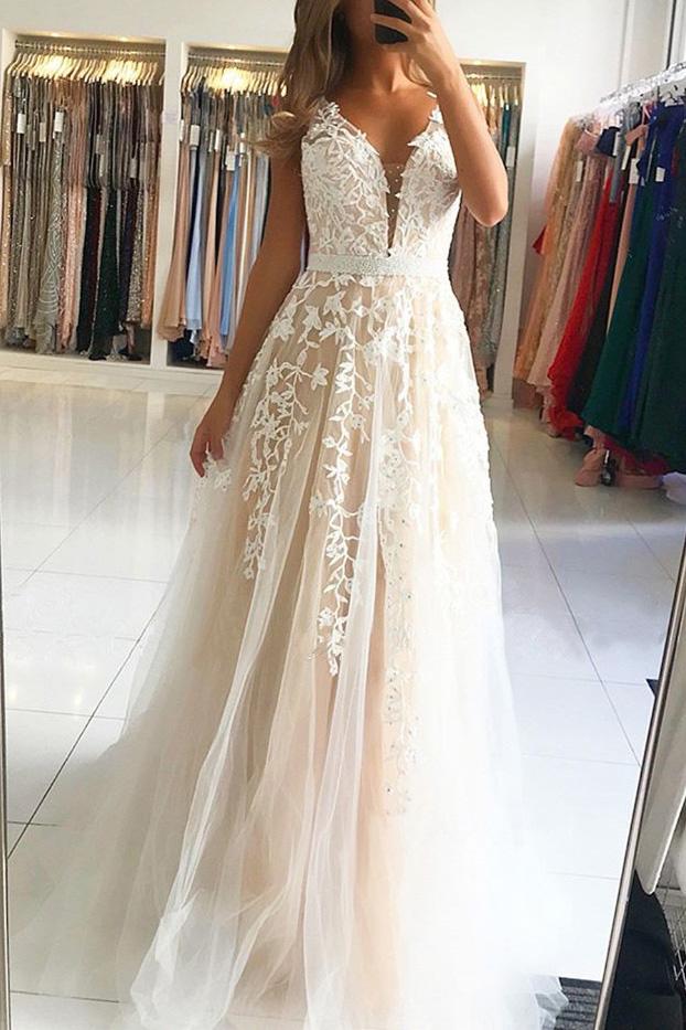 elegant a-line v-neck sleeveless long prom dress with appliques dtp386