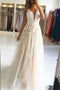 Elegant A Line V-neck Sleeveless Long Prom Dress With Appliques