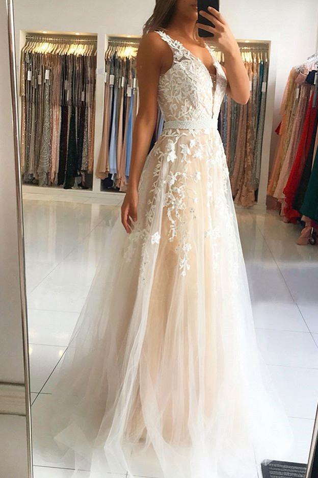 Elegant A Line V-neck Sleeveless Long Prom Dress With Appliques