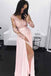 A-line V-Neck Long Sleeves Pink Appliques Prom Dress with Slit