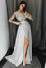 A-Line V-Neck Appliques Long Sleeves Prom Dress With Slit