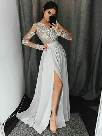 a-line v-neck appliques long sleeves prom dress with slit dtp658
