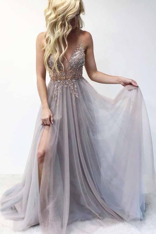 Spaghetti Straps V-neck Beaded Bodice Long Prom Dress with Slit