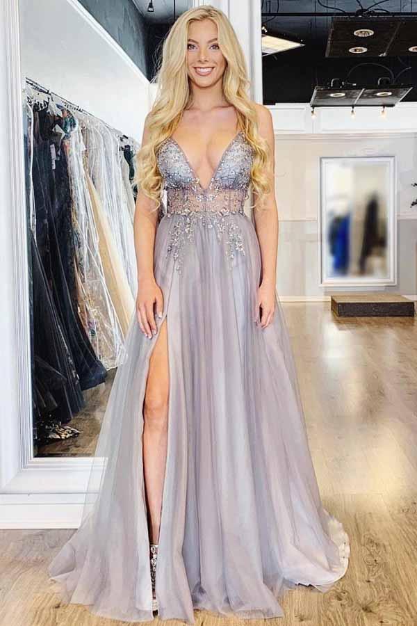 spaghetti straps v-neck beaded bodice long prom dress with slit dtp656