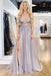 spaghetti straps v-neck beaded bodice long prom dress with slit dtp656