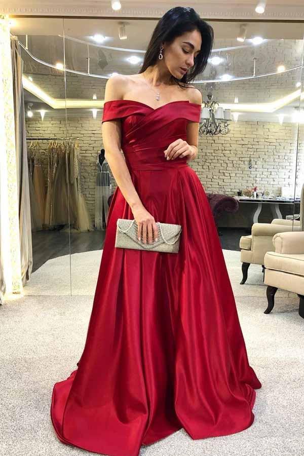 Elegant Off-the-Shoulder Burgundy Satin Prom Dress with Ruched