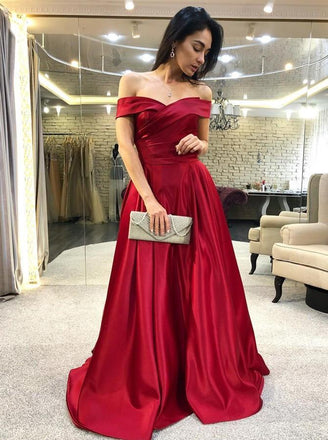 elegant off-the-shoulder burgundy satin prom dress with ruched dtp682