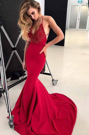 sexy spaghetti straps evening gown red mermaid prom dress with beading dtp648