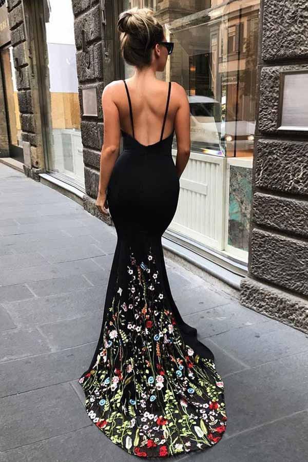 Black Mermaid Prom Dress Spaghetti Straps with Floral Embroidery