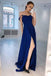 A-Line Straps Royal Blue Simple Long Prom Dress with Slit