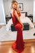 Sexy Mermaid V-Neck Red Cowl Back Prom Evening Dress with Slit