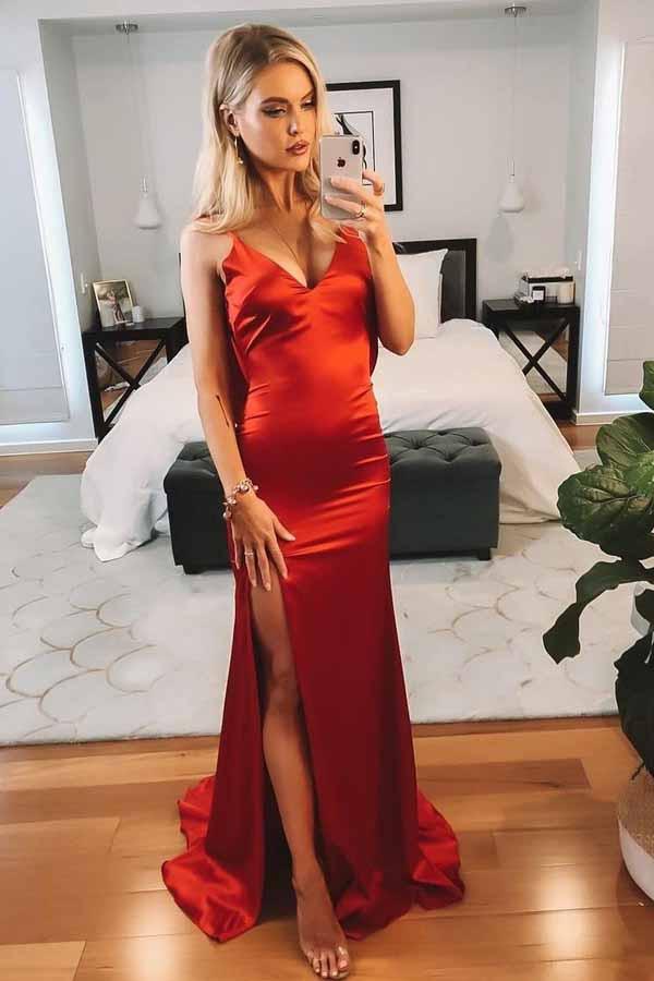 Sexy Mermaid V-Neck Red Cowl Back Prom Evening Dress with Slit
