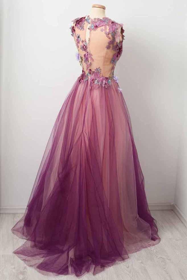 Charming 3D Floral Applique Formal Gown Grape Tulle Long Prom Dress