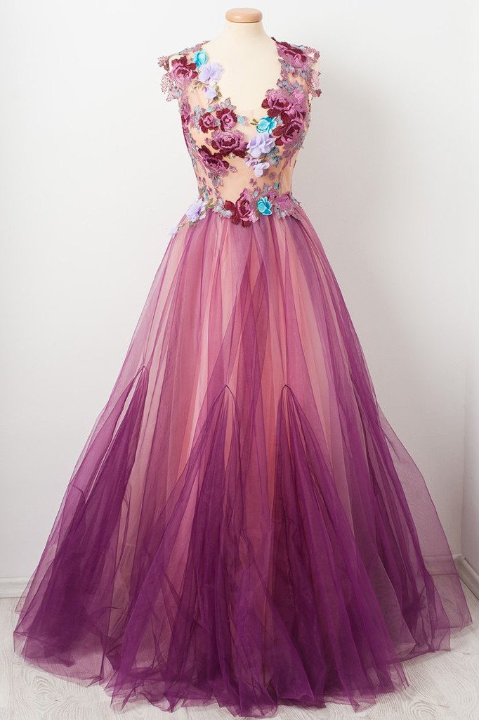 charming 3d floral applique formal gown grape tulle long prom dress dtp664