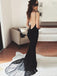 Spaghetti Straps Backless Mermaid Black Prom Dress With Lace