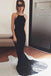 spaghetti straps backless mermaid black prom dress with lace dtp651