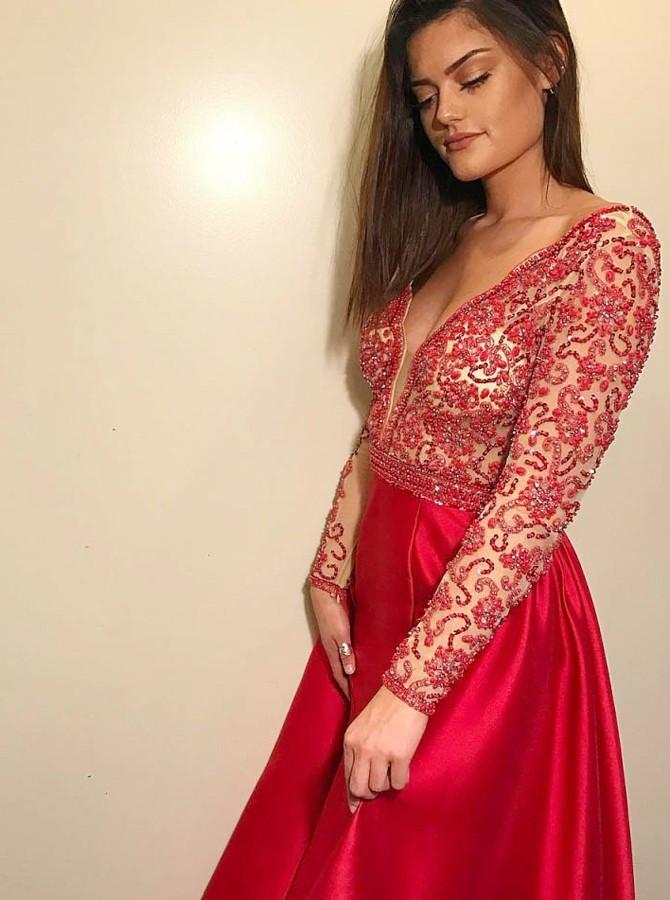 V-neck Beaded Long Sleeve Red Backless Prom Dresses Long Formal Dress