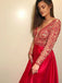 V-neck Beaded Long Sleeve Red Backless Prom Dresses Long Formal Dress
