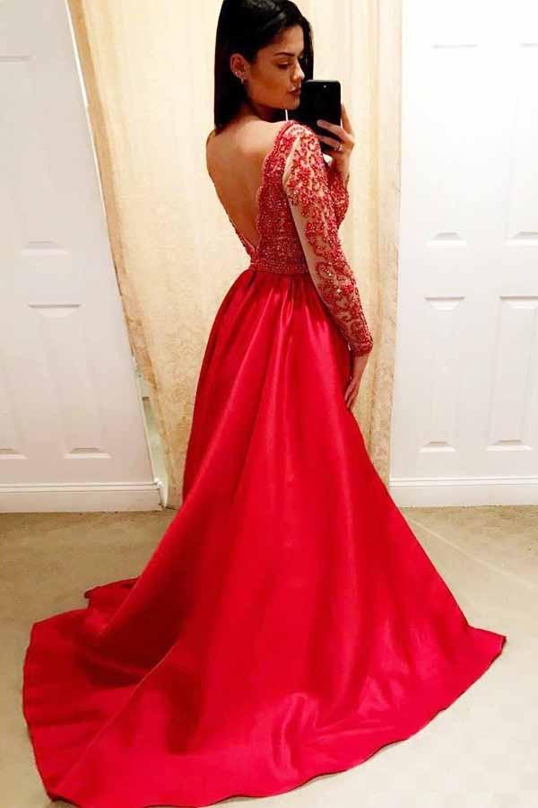 v-neck beaded long sleeve red backless prom dresses long formal dress dtp797