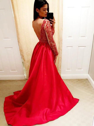 V-neck Beaded Long Sleeve Red Backless Prom Dresses Long Formal Dress