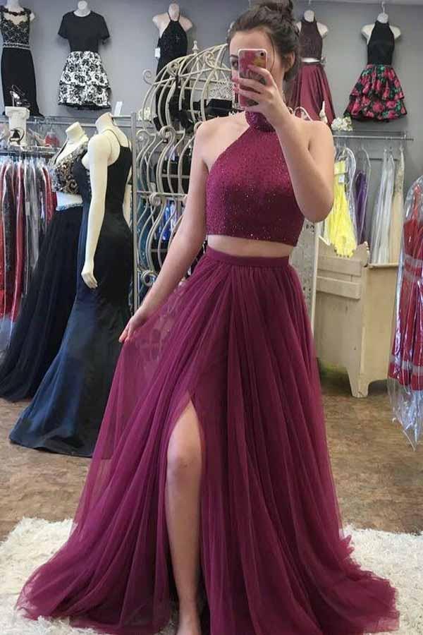 A-line High Neck Tulle Two Piece Prom Dress with Beading