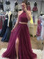 A-line High Neck Tulle Two Piece Prom Dress with Beading