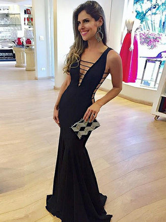 sexy mermaid deep v-neck black long evening dress dtp654