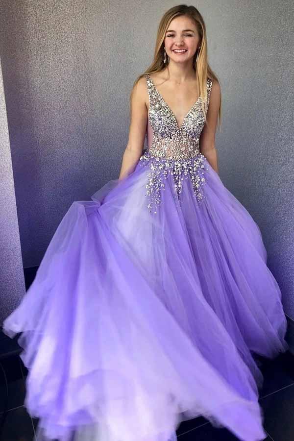 a-line v-neck lilac tulle formal prom dress with beading dtp663