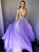 A-Line V-Neck Lilac Tulle Formal Prom Dress with Beading